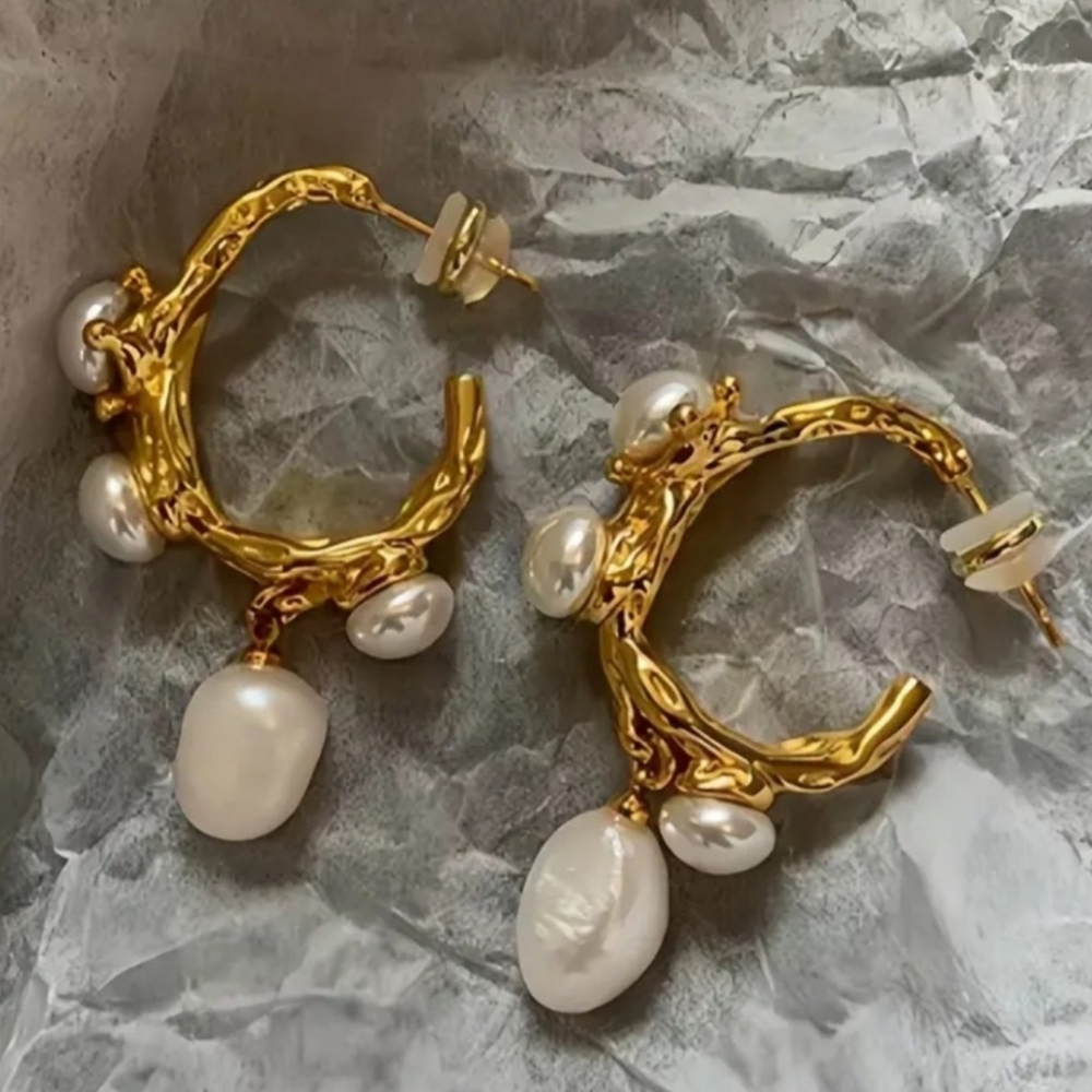 18k Gold Plated & Baroque Pearls Earrings 2” - Picture 5 of 6